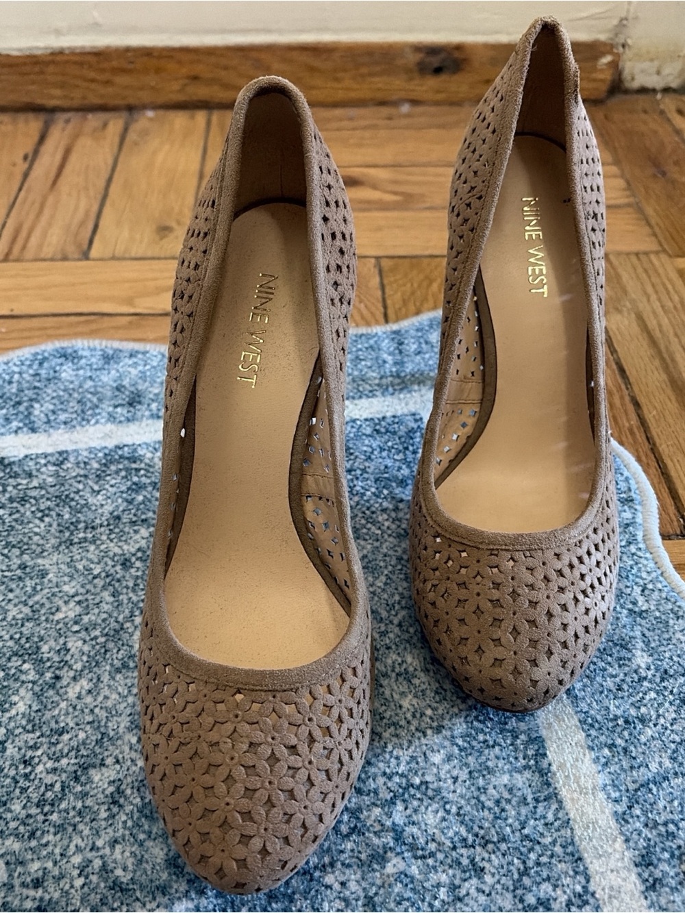 Nine West Taupe Perforated Suede Heels